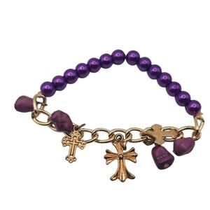 Purple Bead Agate Stone Dangles Cross Charm Stretch Bracelet Gold Tone Religious